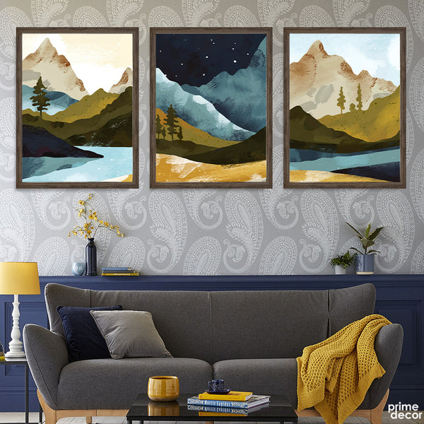 Abstract Day & Night View Of Mountains Artwork (3 Panel) Nature Wall Art