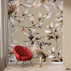 Pink & Purple Floral Leaves Over Beige Background | Floral Wallpaper Mural - Prime Décor