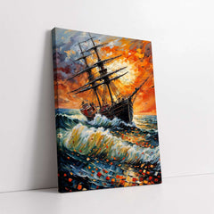 Sailing Ship on a Stormy Sea with Orange Sky (Single Panel) Digital Painting Wall Art