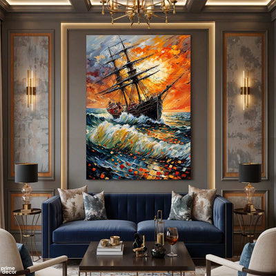 Sailing Ship on a Stormy Sea with Orange Sky (Single Panel) Digital Painting Wall Art