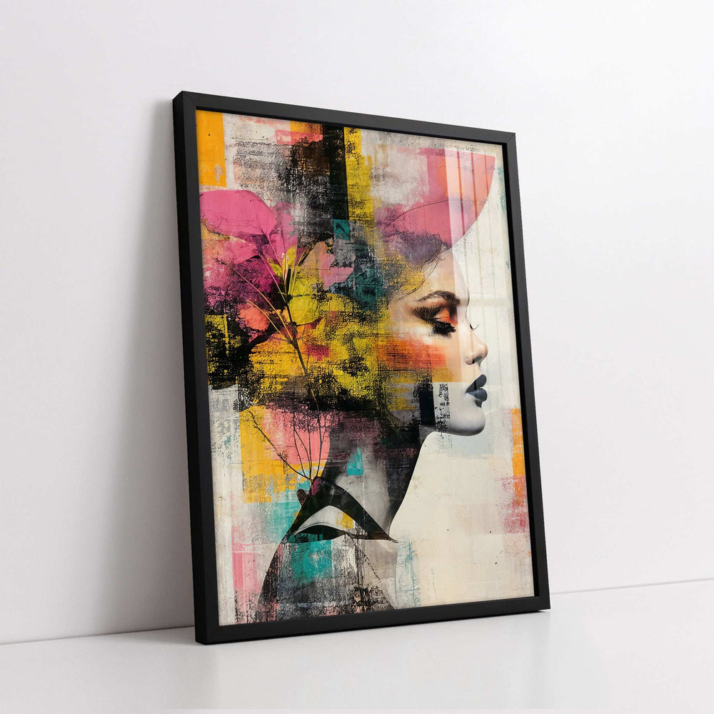Abstract Woman with Pink Leaves & Yellow Splashes (Single Panel) Digital Painting Wall Art