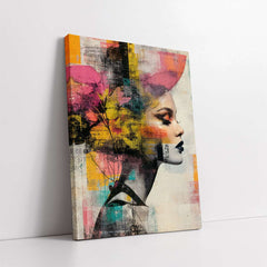 Abstract Woman with Pink Leaves & Yellow Splashes (Single Panel) Digital Painting Wall Art