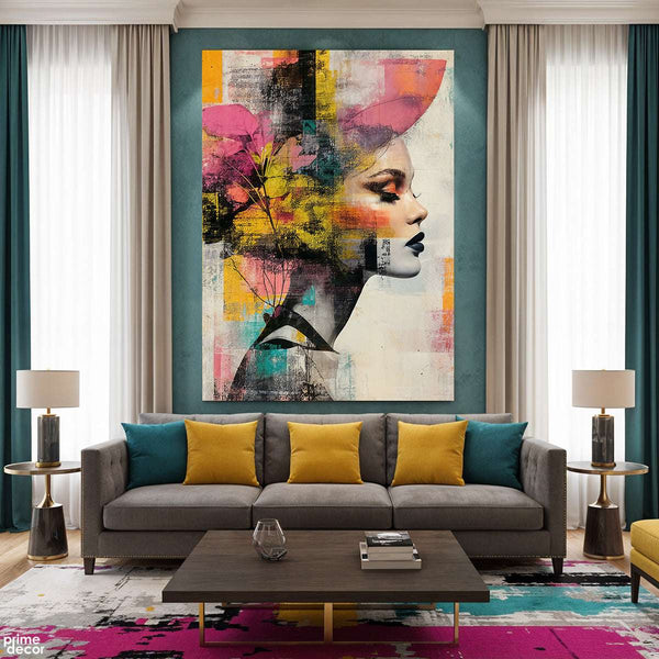 Abstract Woman with Pink Leaves & Yellow Splashes (Single Panel) Digital Painting Wall Art