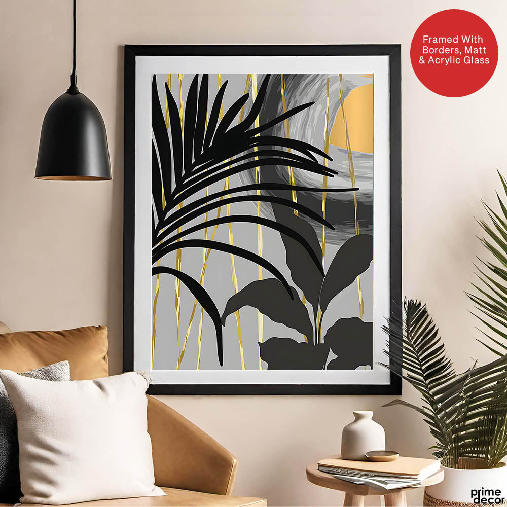 Black & Gold Abstract Tropical Design | Abstract Floral Artwork #00276 - Prime Décor