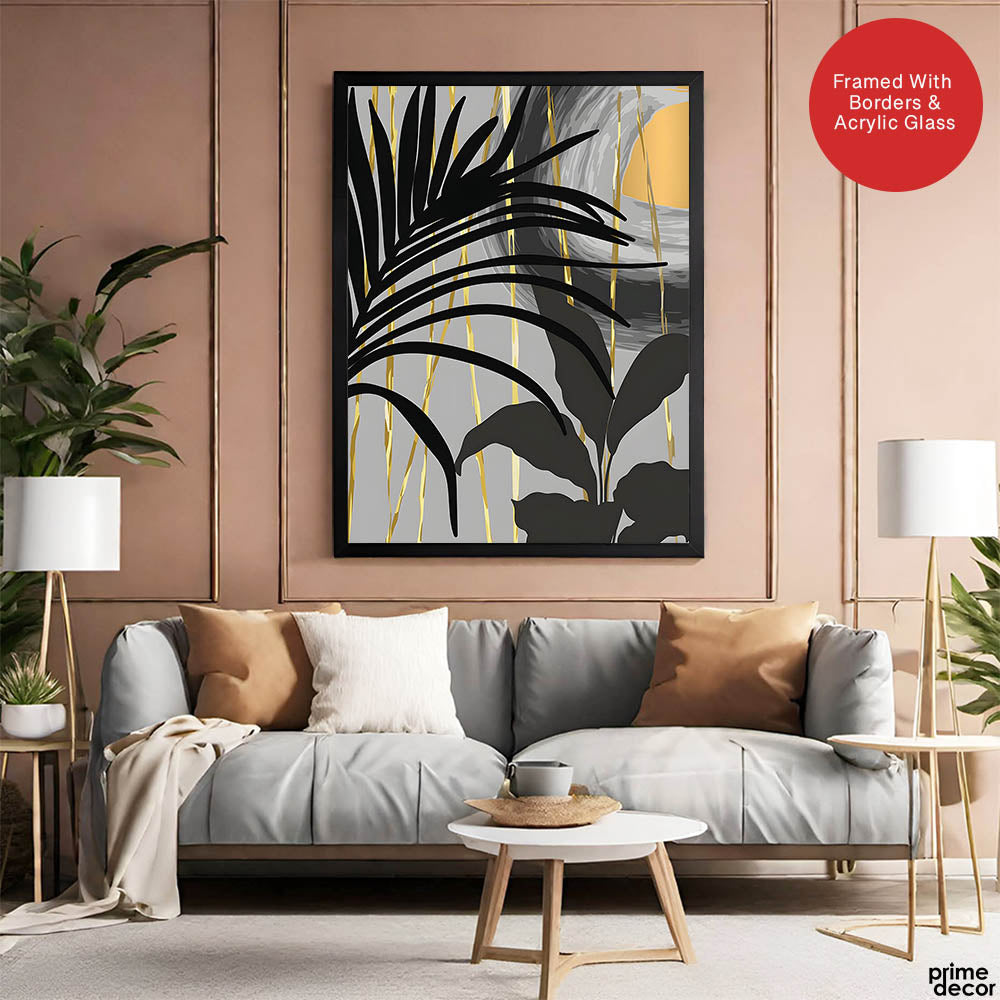 Black & Gold Abstract Tropical Design | Abstract Floral Artwork #00276 - Prime Décor
