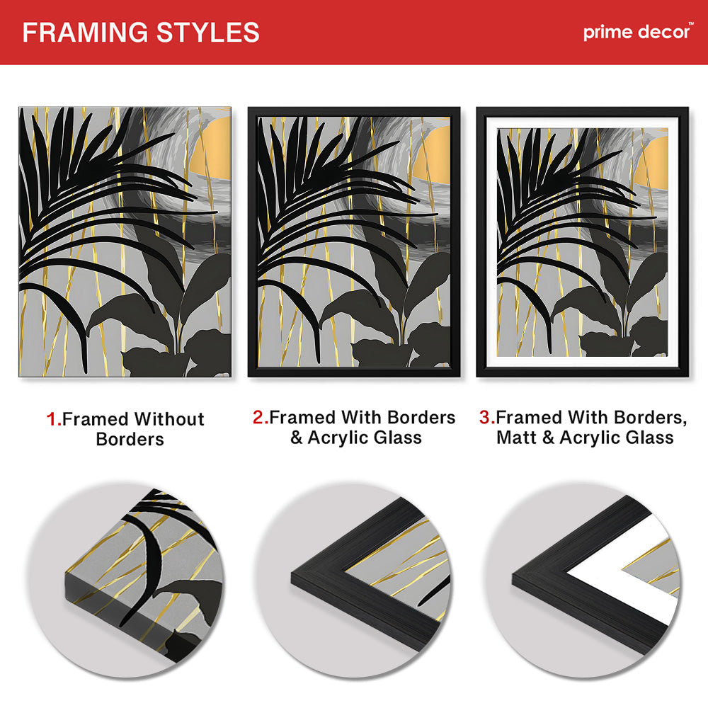 Black & Gold Abstract Tropical Design | Abstract Floral Artwork #00276 - Prime Décor