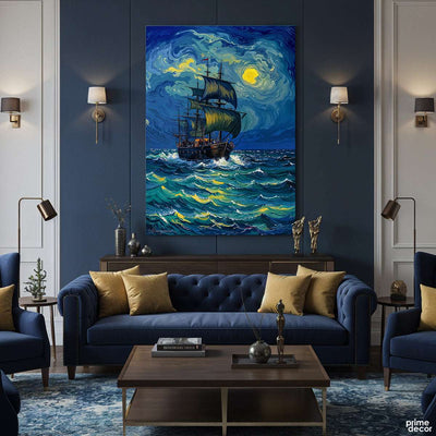 Sailing Ship on a Starry Night Style Ocean (Single Panel) Digital Painting Wall Art