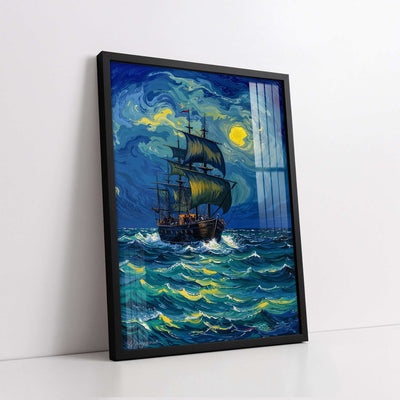 Sailing Ship on a Starry Night Style Ocean (Single Panel) Digital Painting Wall Art
