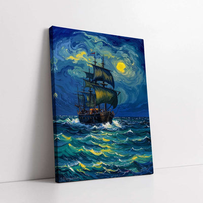 Sailing Ship on a Starry Night Style Ocean (Single Panel) Digital Painting Wall Art