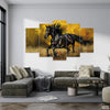 Black Running Horse Over Golden Background (5 Panel) | Animal Wall Art