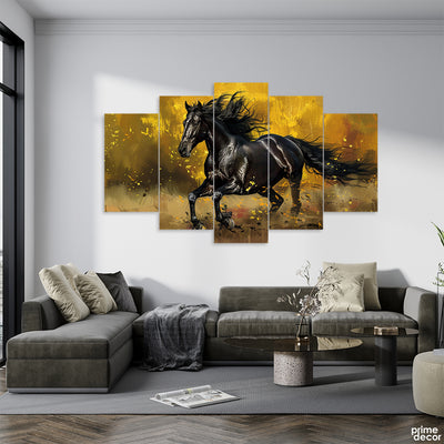 Black Running Horse Over Golden Background (5 Panel) | Animal Wall Art