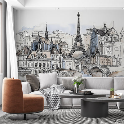 Paris Eiffel Tower Linear Style Illustration | Travel Wallpaper Mural
