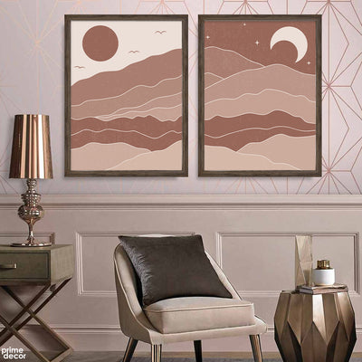 Abstract Brown & Beige Moon Art With Mountains (2 Panel) Abstract Wall Art