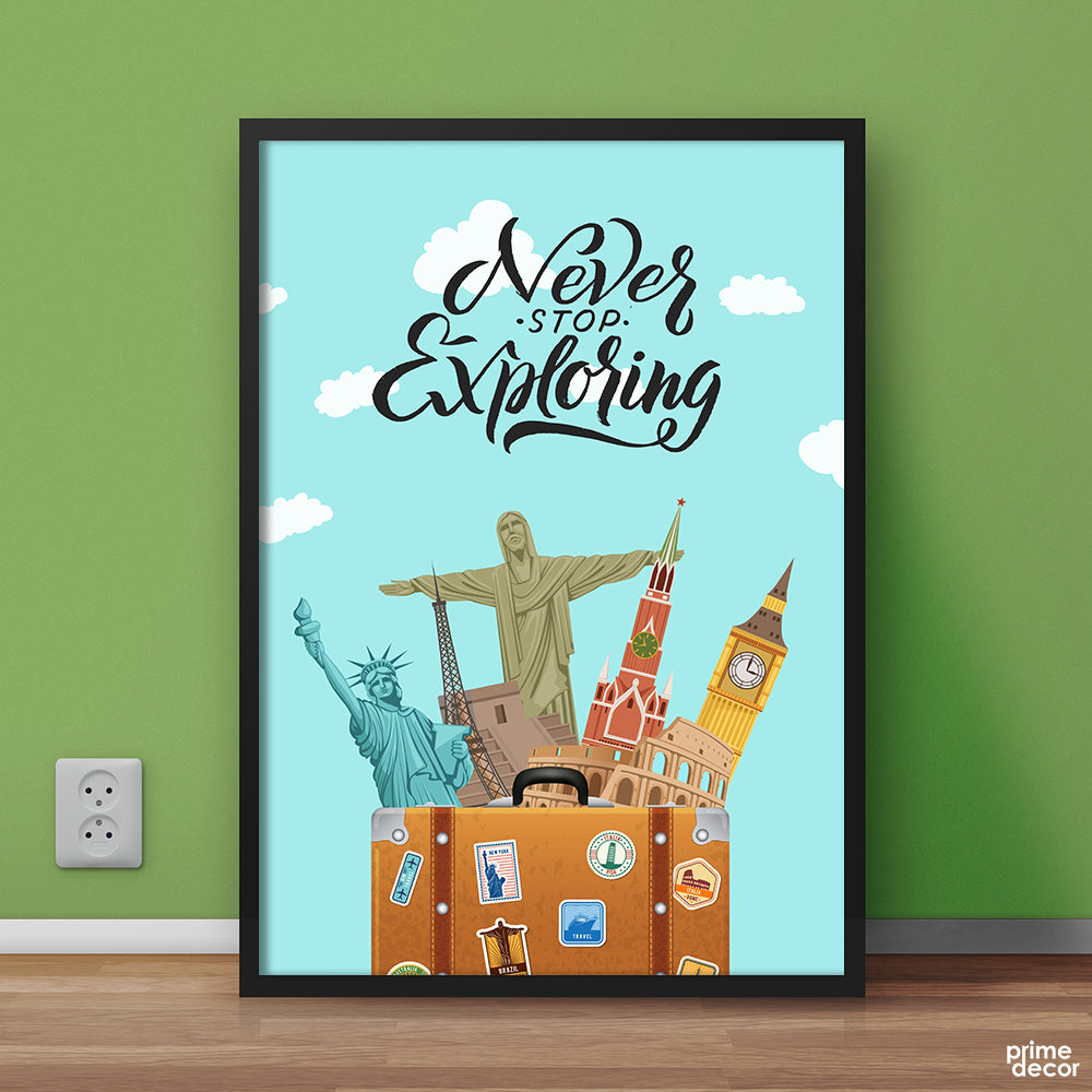 Never Stop Exploring Watercolor Landmarks | Travel Wall Art - Prime Décor