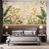 Green Exotic Leaves With Birds Over Beige Background | Floral Wallpaper Mural