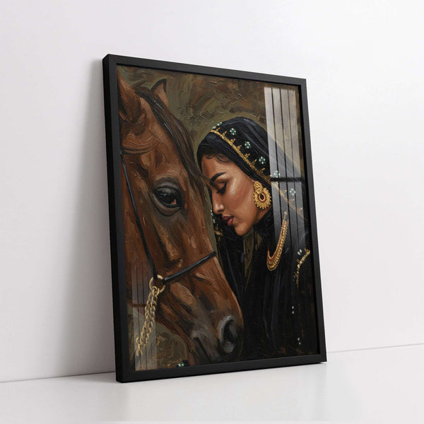 Indian Rani with Her Horse (Single Panel) Digital Painting Wall Art