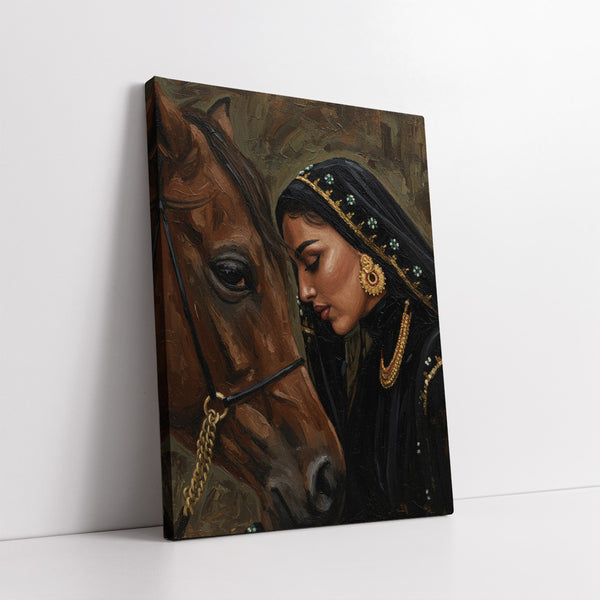 Indian Rani with Her Horse (Single Panel) Digital Painting Wall Art