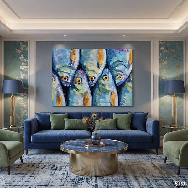 Textured School of Fish with Orange Eyes (Single Panel) Digital Painting Wall Art