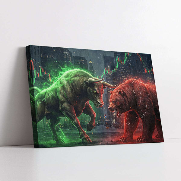 Bull and Bear Stock Market Battle (Single Panel) Digital Painting Wall Art