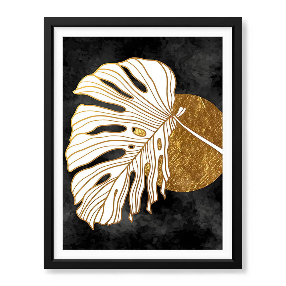 Gold & white Abstract Floral Design Over Black Background | Abstract Floral Artwork #00287 - Prime Décor