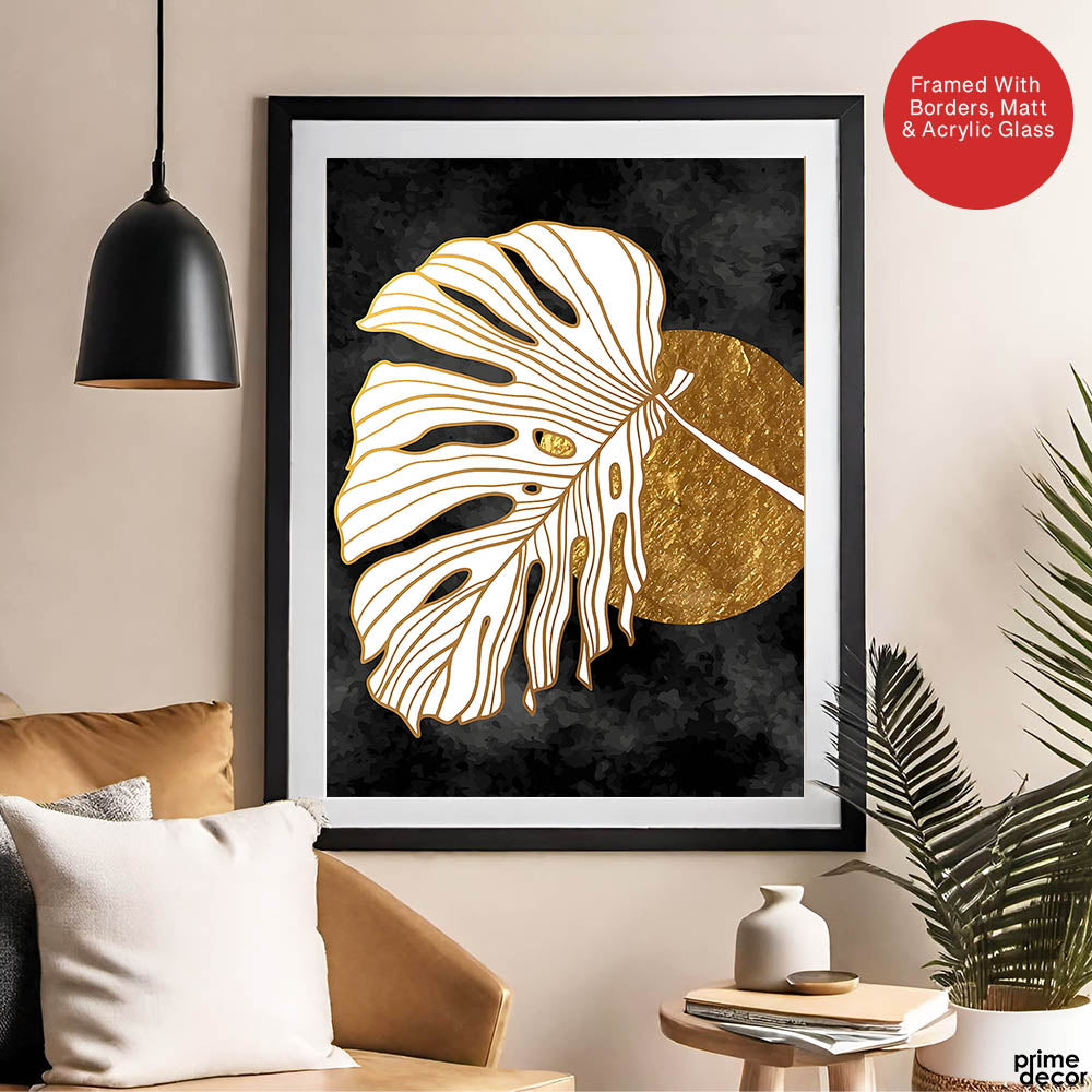 Gold & white Abstract Floral Design Over Black Background | Abstract Floral Artwork #00287 - Prime Décor