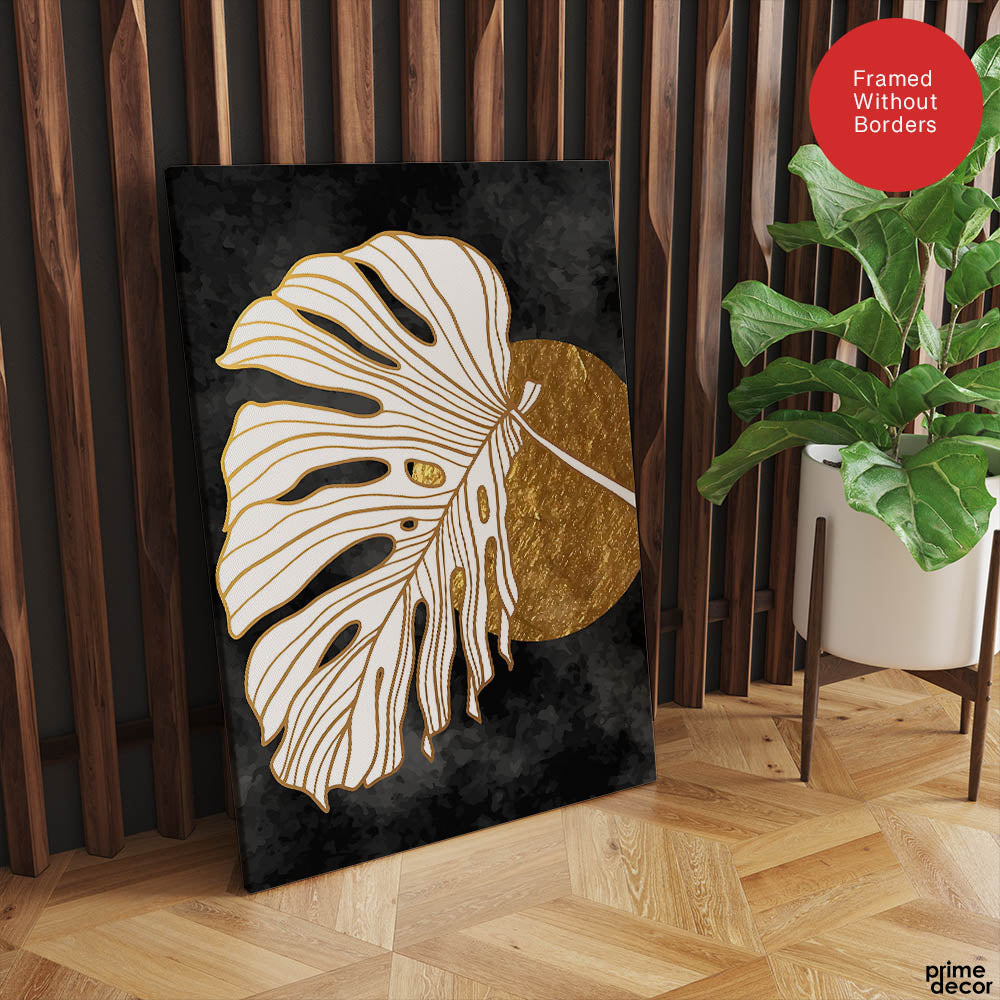 Gold & white Abstract Floral Design Over Black Background | Abstract Floral Artwork #00287 - Prime Décor