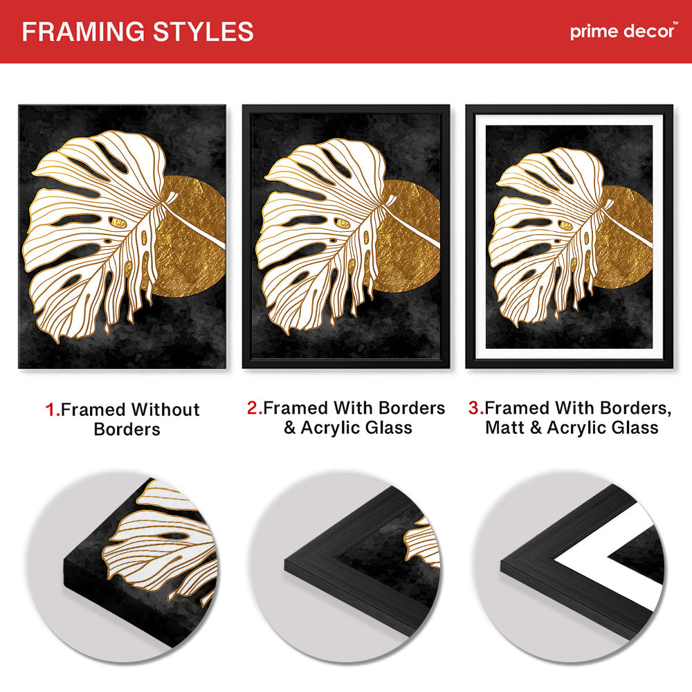 Gold & white Abstract Floral Design Over Black Background | Abstract Floral Artwork #00287 - Prime Décor