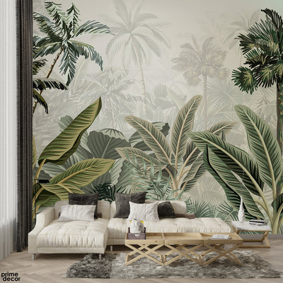 Abstract Green Exotic Leaves Over Off White Background | Floral Wallpaper Mural