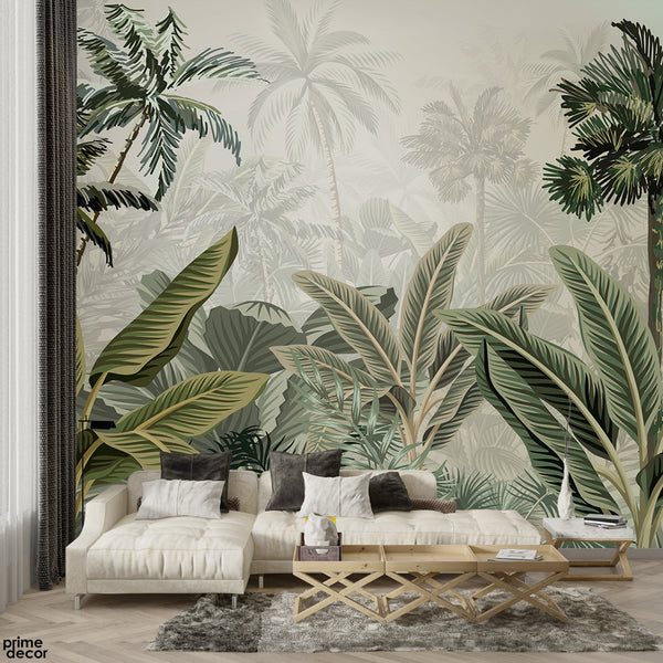 Abstract Green Exotic Leaves Over Off White Background | Floral Wallpaper Mural