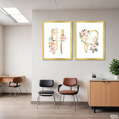 Golden Teeth & Toothpaste With Flowers (2 Panel) Healthcare Wall Art - Prime Décor