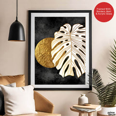 Gold & white Abstract Floral Design Over Black Background | Abstract Floral Artwork #00288 - Prime Décor