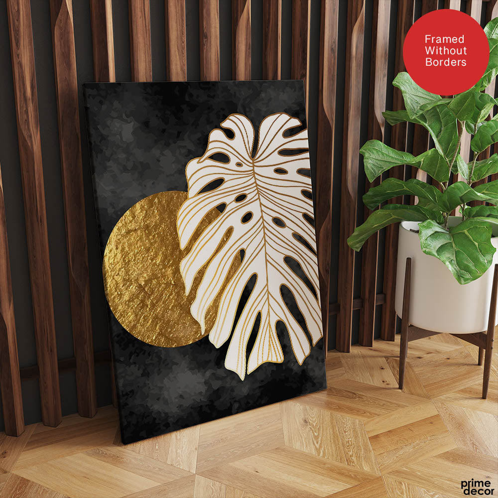 Gold & white Abstract Floral Design Over Black Background | Abstract Floral Artwork #00288 - Prime Décor
