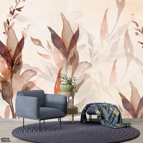 Abstract Beige & Maroon Leaves Artwork | Floral Wallpaper Mural