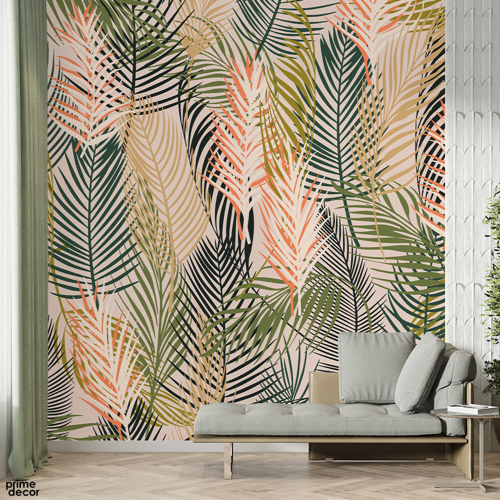 Orange Black & Gold Floral Green Leaves Over Beige Background | Floral Wallpaper Mural - Prime Décor