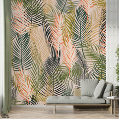 Orange Black & Gold Floral Green Leaves Over Beige Background | Floral Wallpaper Mural - Prime Décor