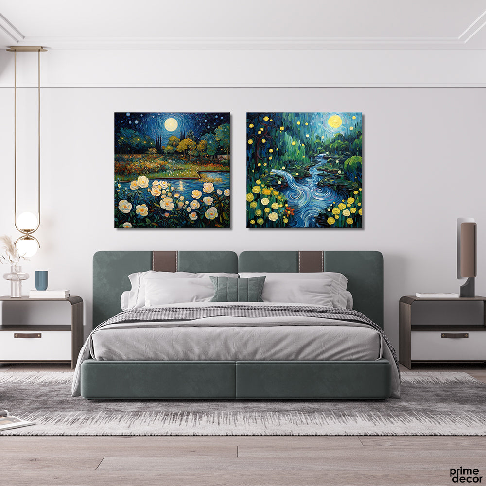 Van Gogh Inspired River Flowing At Midnight (2 Panel) Digital Wall Art - Prime Décor