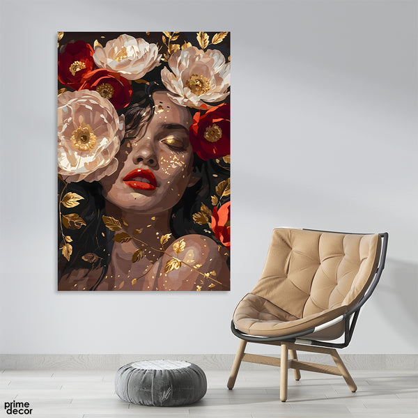 Beautiful Abstract Woman Face Artwork With Golden & Red Flowers (Single Panel) Fashion Wall Art