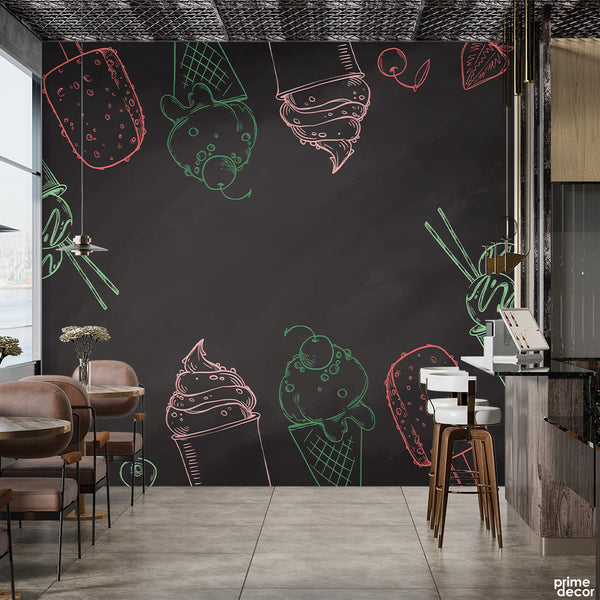 Abstract Pencil Artwork Of Ice Cream Over Black Background | Cafe Wallpaper Mural