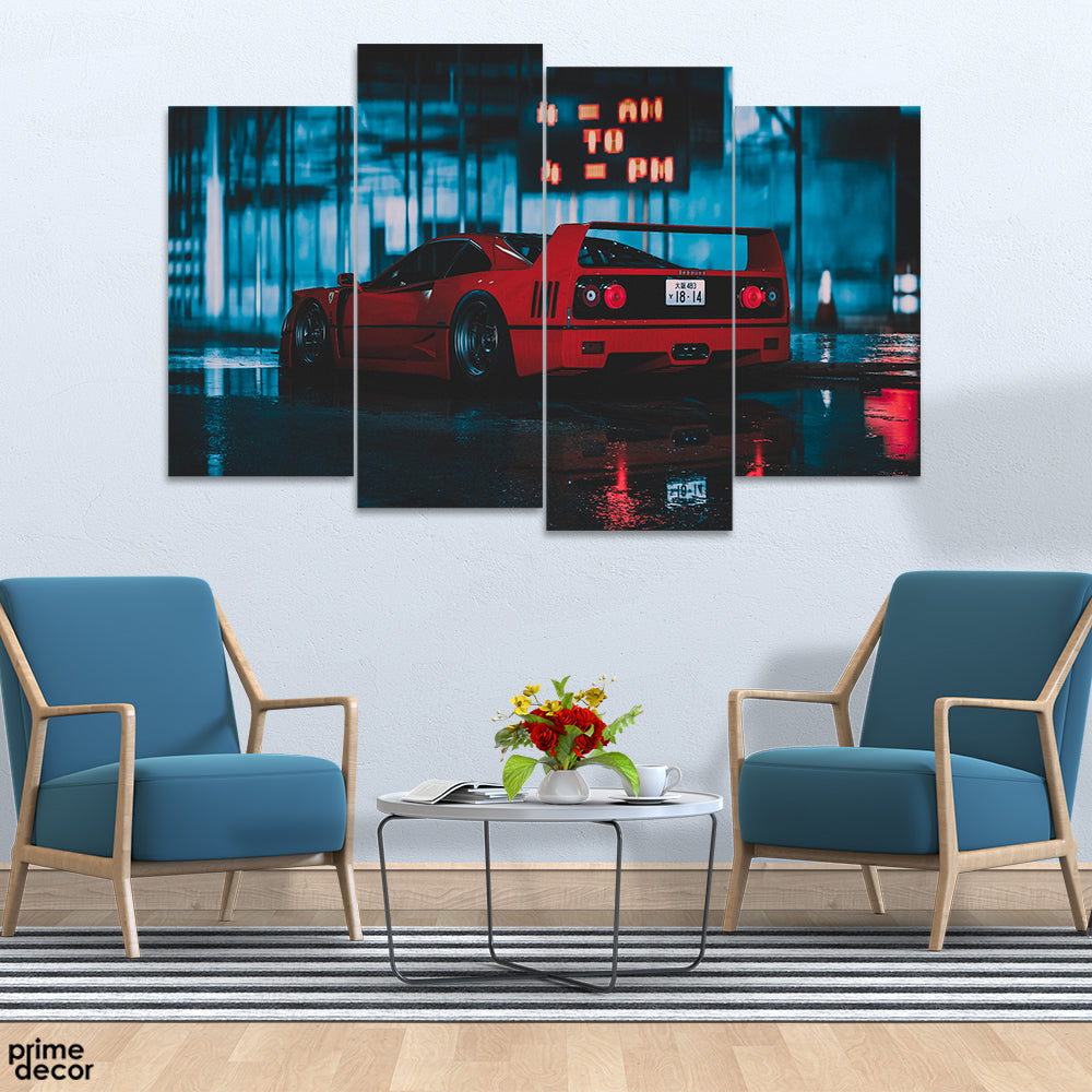 Beautiful Red Ferrari In A Rainy Night (4 Panel) Car Wall Art - Prime Décor
