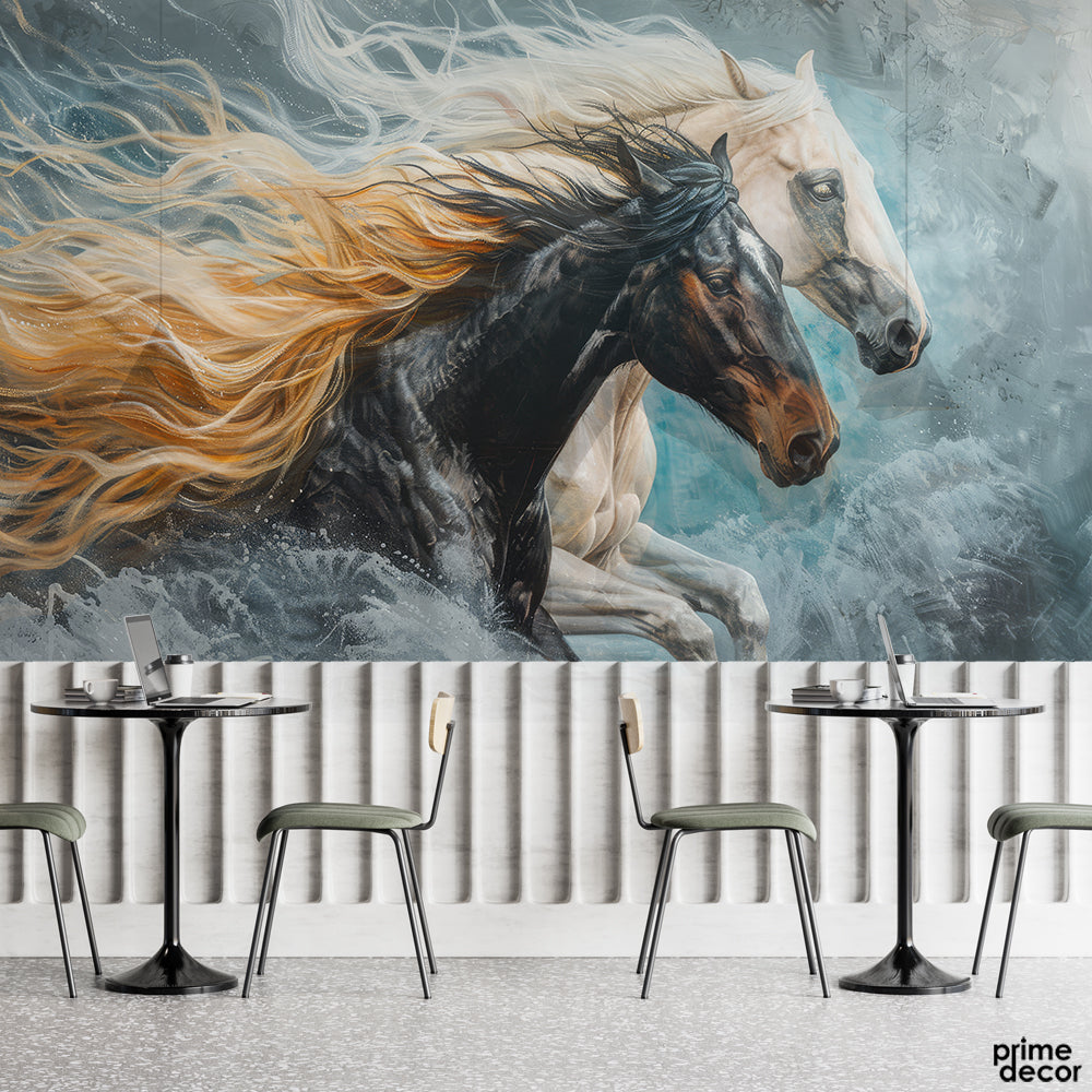 Abstract Black & White Running Horses Artwork | Animal Wallpaper Mural