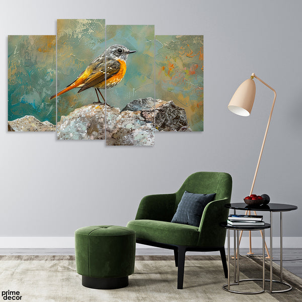 Beautiful Bird On Stones With Abstract Background (4 Panel) Nature Wall Art