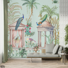 Vibrant Peacocks & Classical Gazebos On Soft Mint | Vintage Chinoiserie Wallpaper Mural