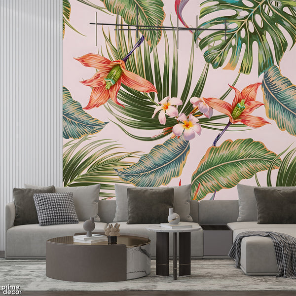 Exotic Flowers With Botanical Palm Leaves | Floral Wallpaper Mural