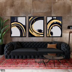 Navy & Gilded Gold Swirl Triptych (3 Panel) Abstract Wall Art