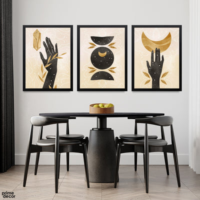 Abstract Black & Gold Moon In Hands (3 Panel) Abstract Wall Art