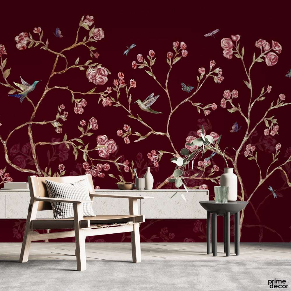 Beautiful Red & White Flowers Artwork Maroon Background | Floral Wallpaper Mural