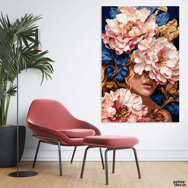 Beautiful Abstract Woman Face With Blue & Golden Flowers (Single Panel) Fashion Wall Art