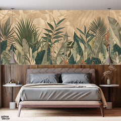 Aesthetic Exotic Leaves Artwork Over Brown Background | Floral Wallpaper Mural