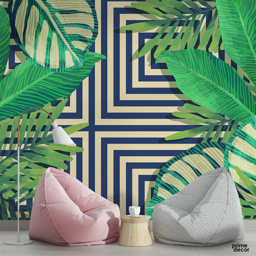 Tropical Green Leaves with Geometric Background | Wallpaper Mural - Prime Décor