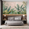 Green Exotic Leaves Artwork Over Beige Background | Floral Wallpaper Mural